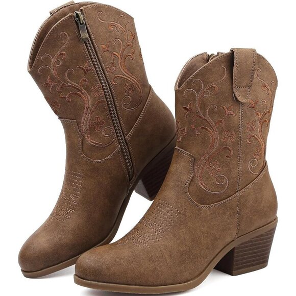 Shoes - Woman's Brown Rubber Cowgirl Floral Embroidery Stylish Classic Comfortable Boots